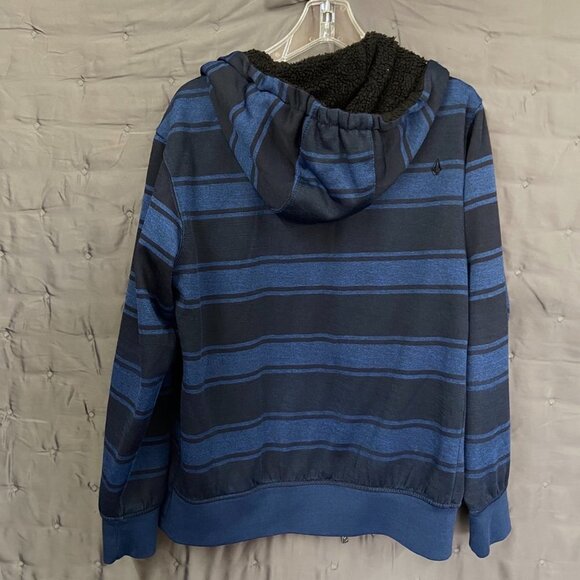 VOLCOM Hooded Fleece Lined Zipper Jacket Black Navy Stripe, Men's S - Picture 3 of 7
